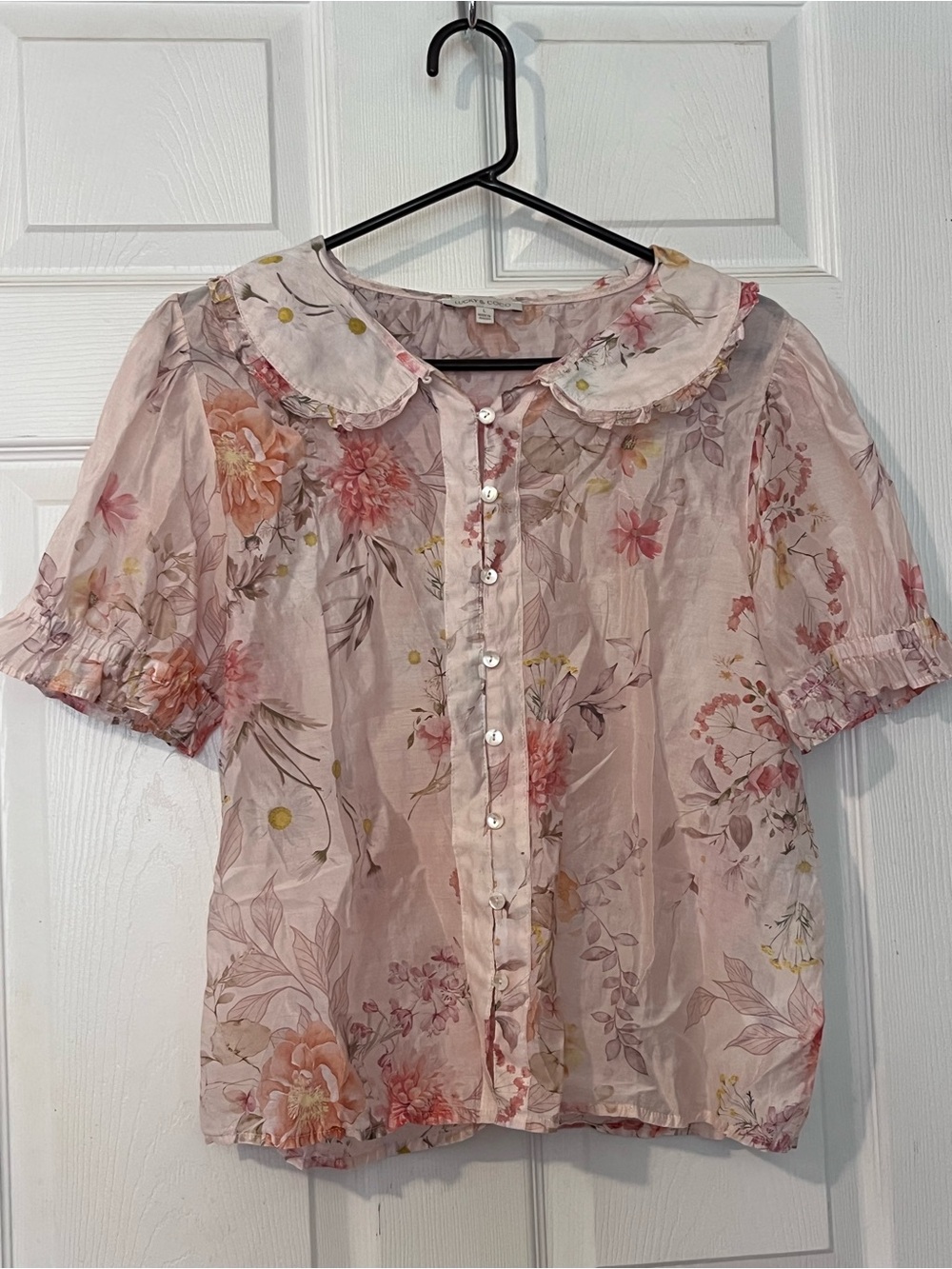 Floral Lace-Trim Short Sleeve Blouse — Pink